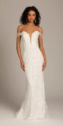 ivory/size/4/missy/Camille La Vie/Off the Shoulder Tulle Plunging Beaded Trumpet Dress /front 1