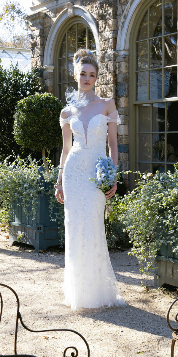 Off the Shoulder Tulle Plunging Beaded Trumpet Dress missy / 20 / ivory