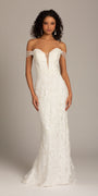Off the Shoulder Tulle Plunging Beaded Trumpet Dress Image 3
