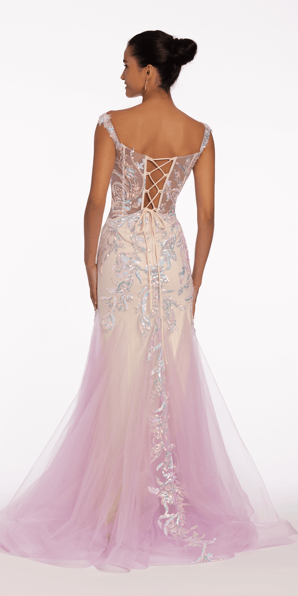 Lace Up Back Iridescent Beaded Off the Shoulder Mermaid Dress Image 2
