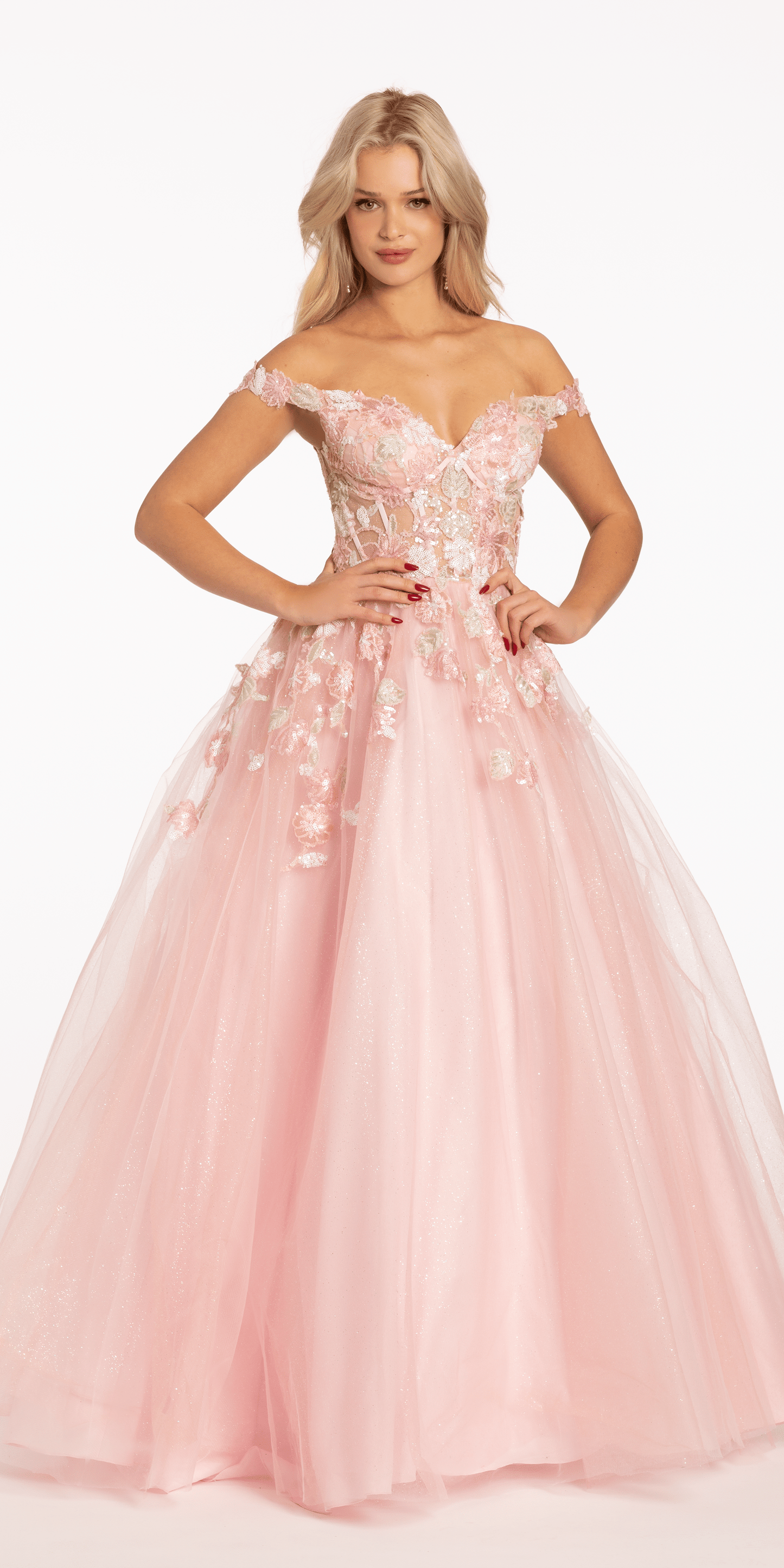 Camille La Vie Off the Shoulder Tulle Ballgown with Sequin Floral Detail missy / 0 / pink-multi