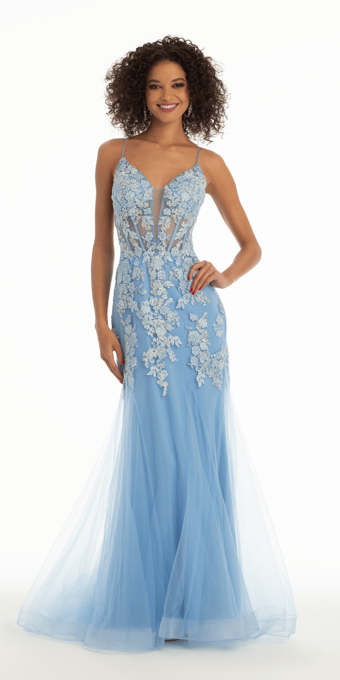 Camille La Vie Sweetheart Embroidered Mermaid Dress with Mesh Godets missy / 0 / french-blue