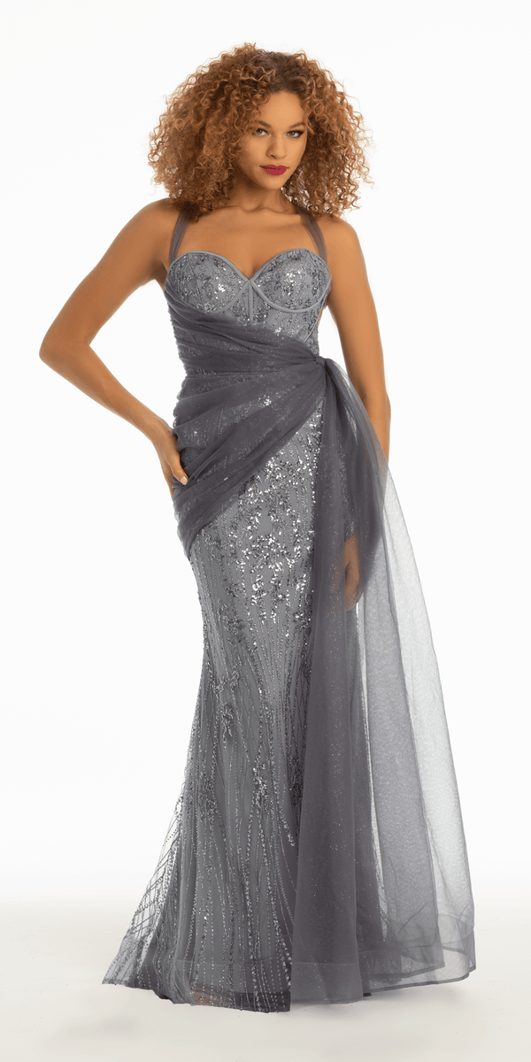 Strappy Back Sequin Glitter Mesh Trumpet Dress with Chiffon Sash Image 1