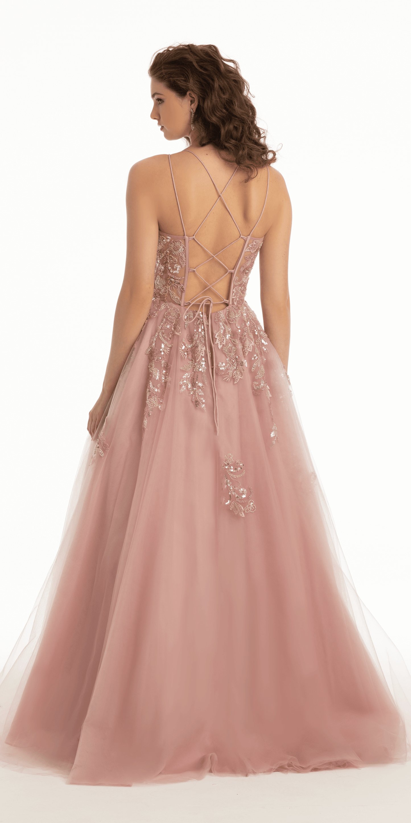 Camille La Vie Strappy Lace Up Back Sequin Plunge Tulle Ballgown