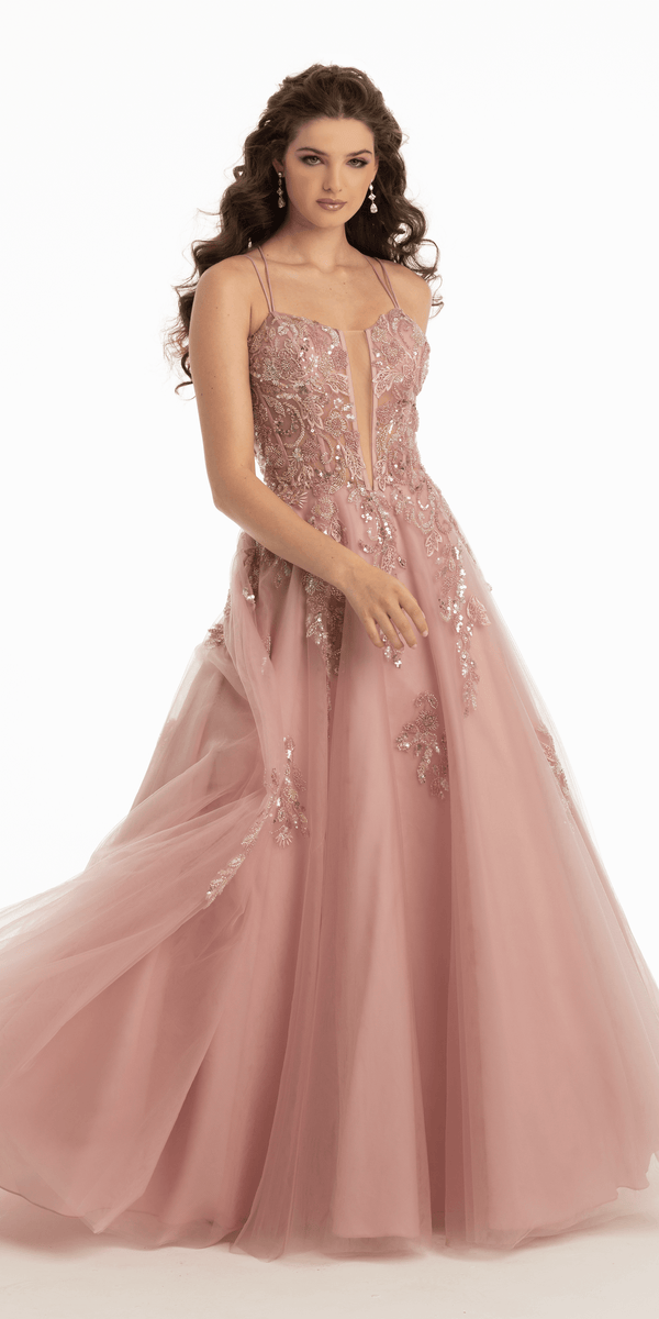 Strappy Lace Up Back Sequin Plunge Tulle Ballgown Image 4