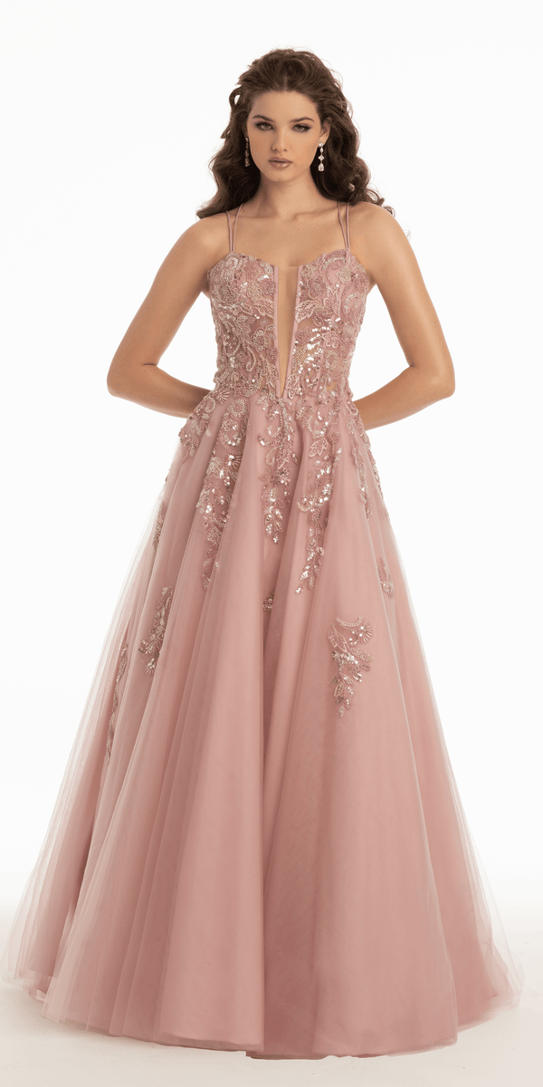 Strappy Lace Up Back Sequin Plunge Tulle Ballgown Image 2