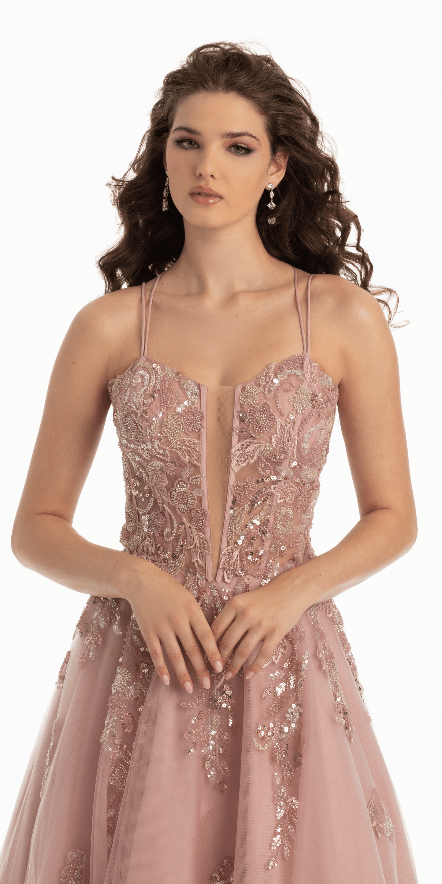 Camille La Vie Strappy Lace Up Back Sequin Plunge Tulle Ballgown
