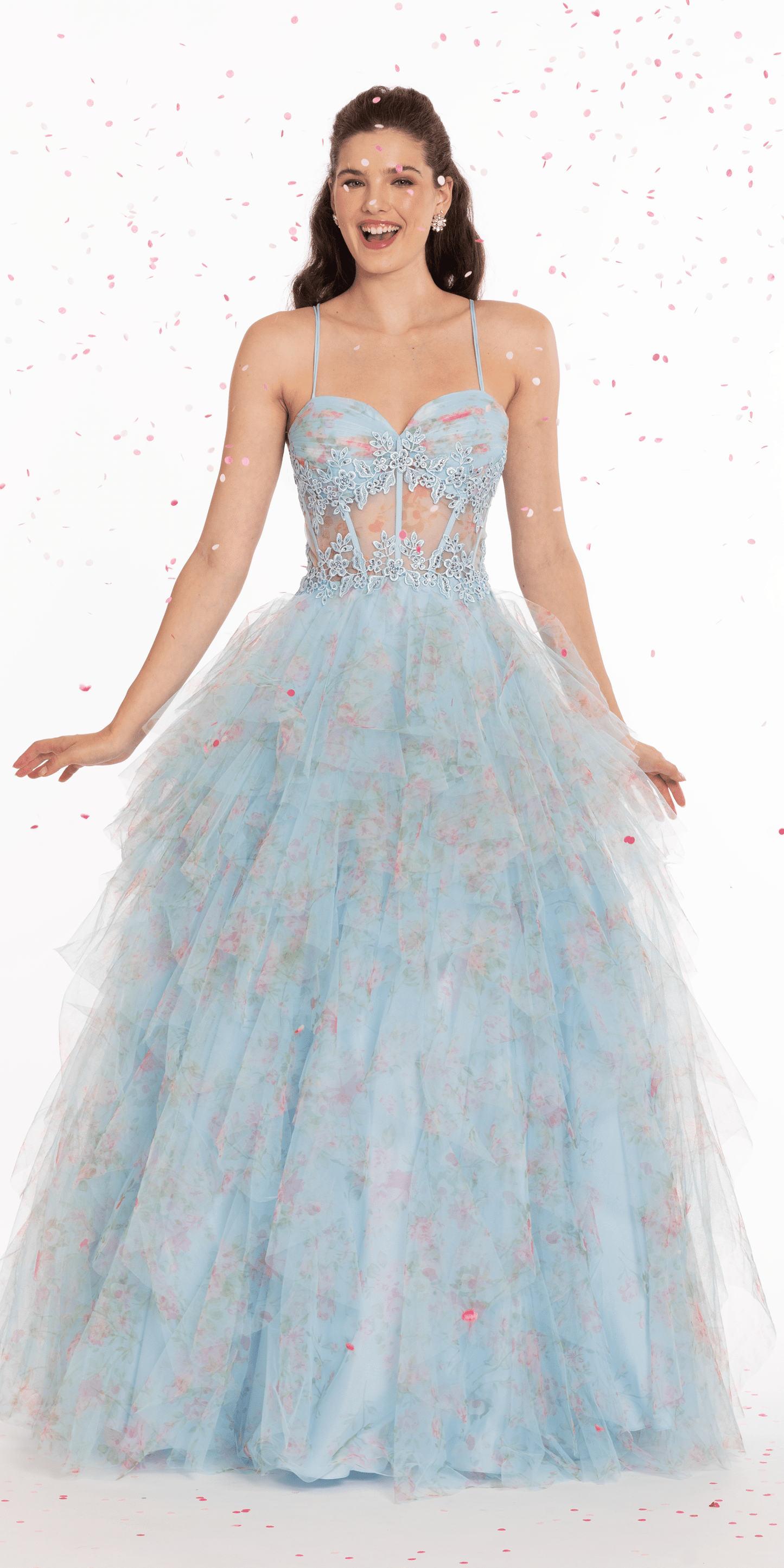 Camille La Vie Print Sweetheart Corset Lace Up Back Ballgown missy / 00 / light-blue