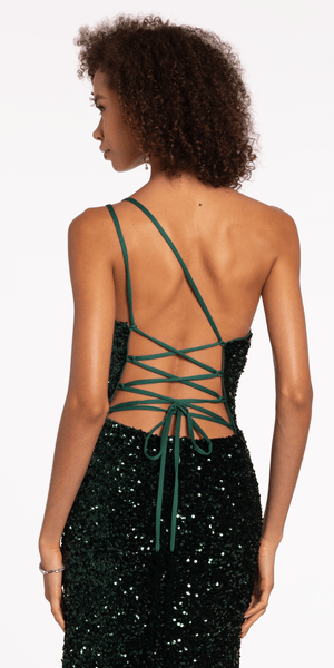 One Keyhole Shoulder Sequin Lace Up Back Mermaid Dress with Side Slit Image 9