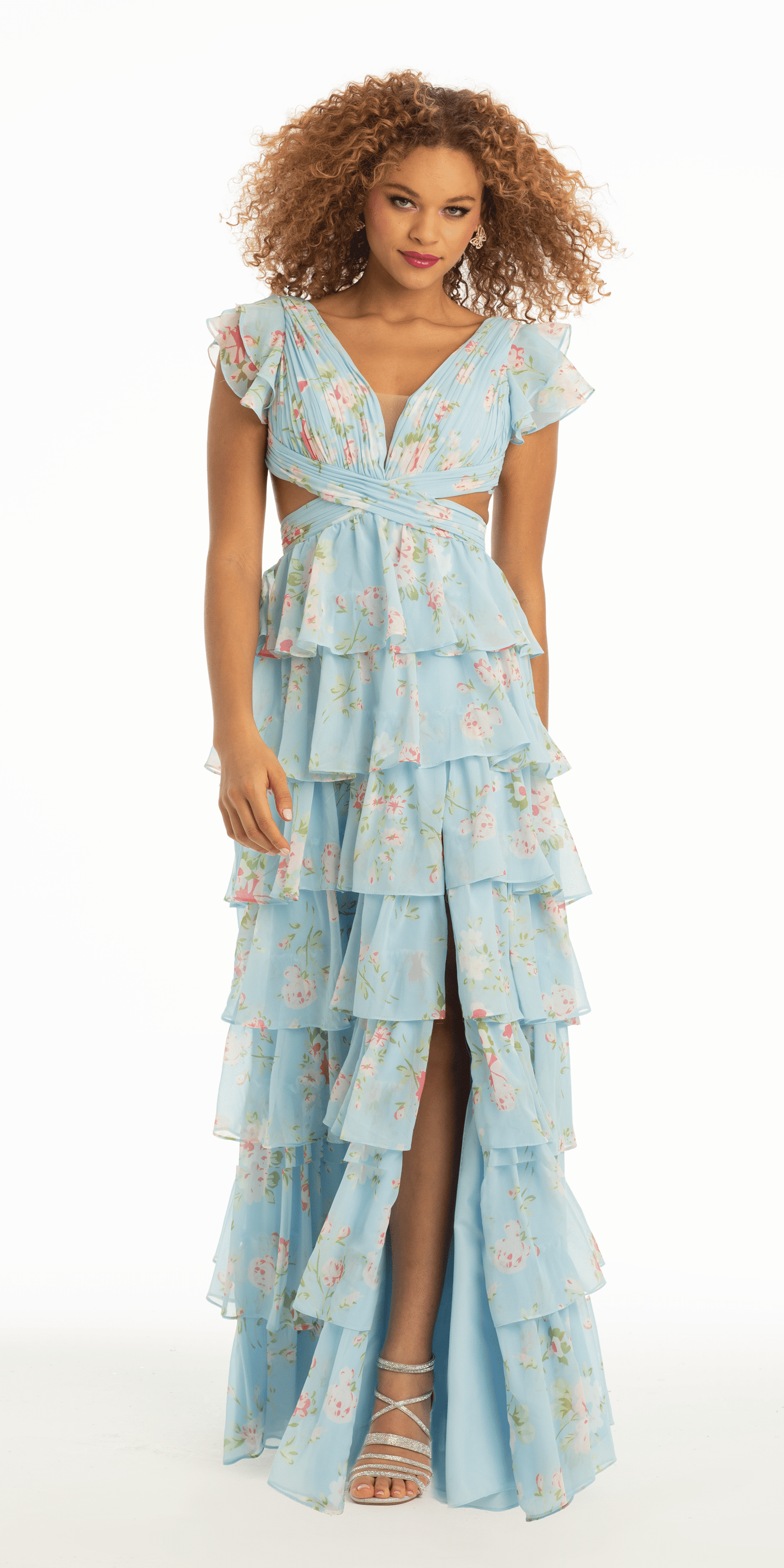 Camille La Vie Floral Print Chiffon Tiered Plunging Cap Sleeve Dress with Side Cut Outs missy / 0 / light-blue