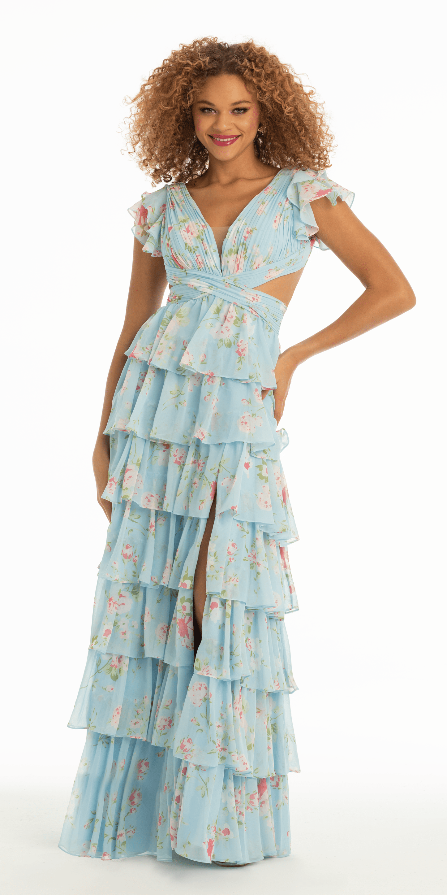 Camille La Vie Floral Print Chiffon Tiered Plunging Cap Sleeve Dress with Side Cut Outs