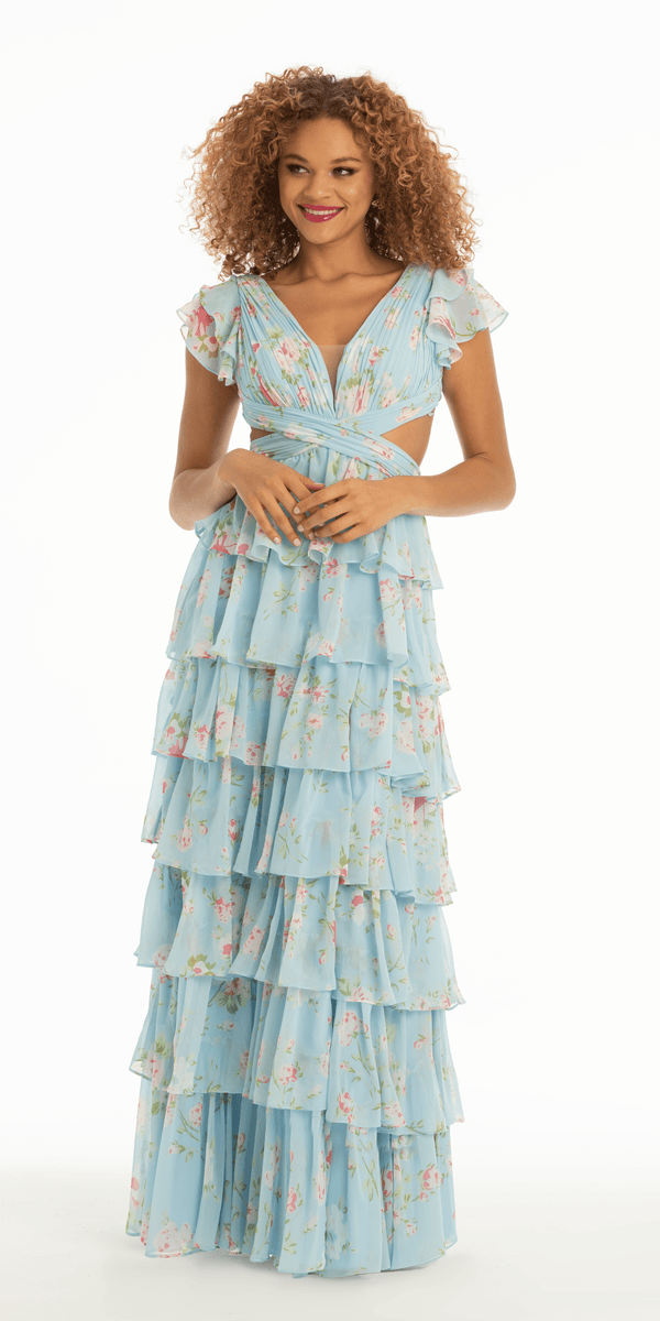 Floral Print Chiffon Tiered Plunging Cap Sleeve Dress with Side Cut Outs Image 3