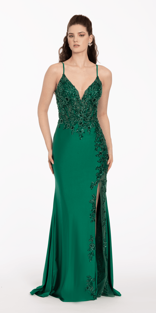 Beaded Embroidered Corset Dress with Sheer Side Slit Image 4