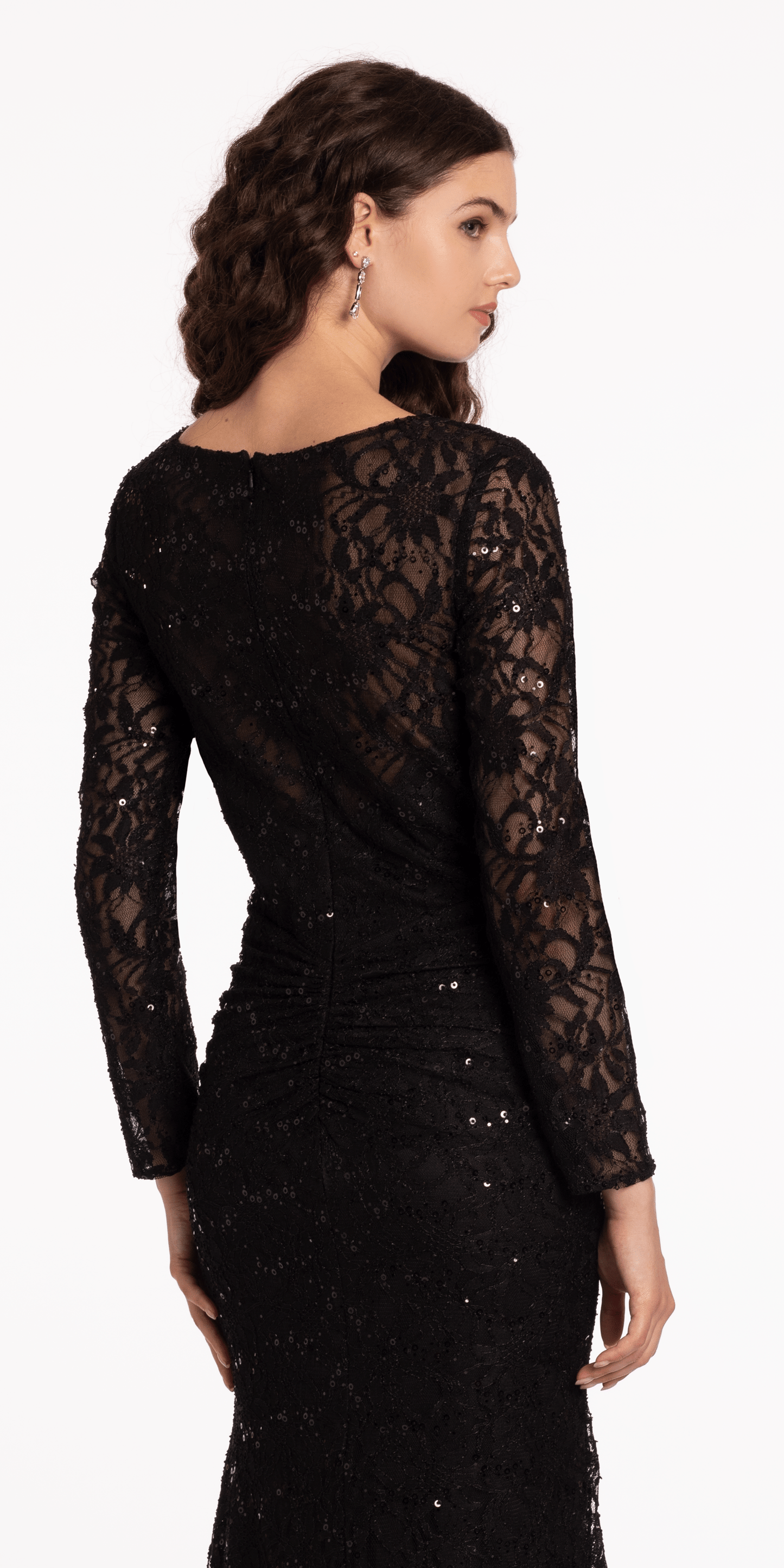 Camille La Vie Long Sleeve Sequin Lace Boatneck Trumpet Dress with Sweep Train