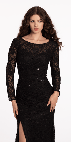 Long Sleeve Sequin Lace Boatneck Trumpet Dress with Sweep Train Image 2