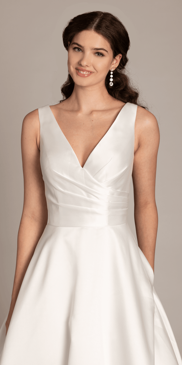 Deep V Neck Mikado A Line Dress with Pockets Camille La Vie Deep V Neck Mikado A Line Dress with Pockets Camille La Vie
