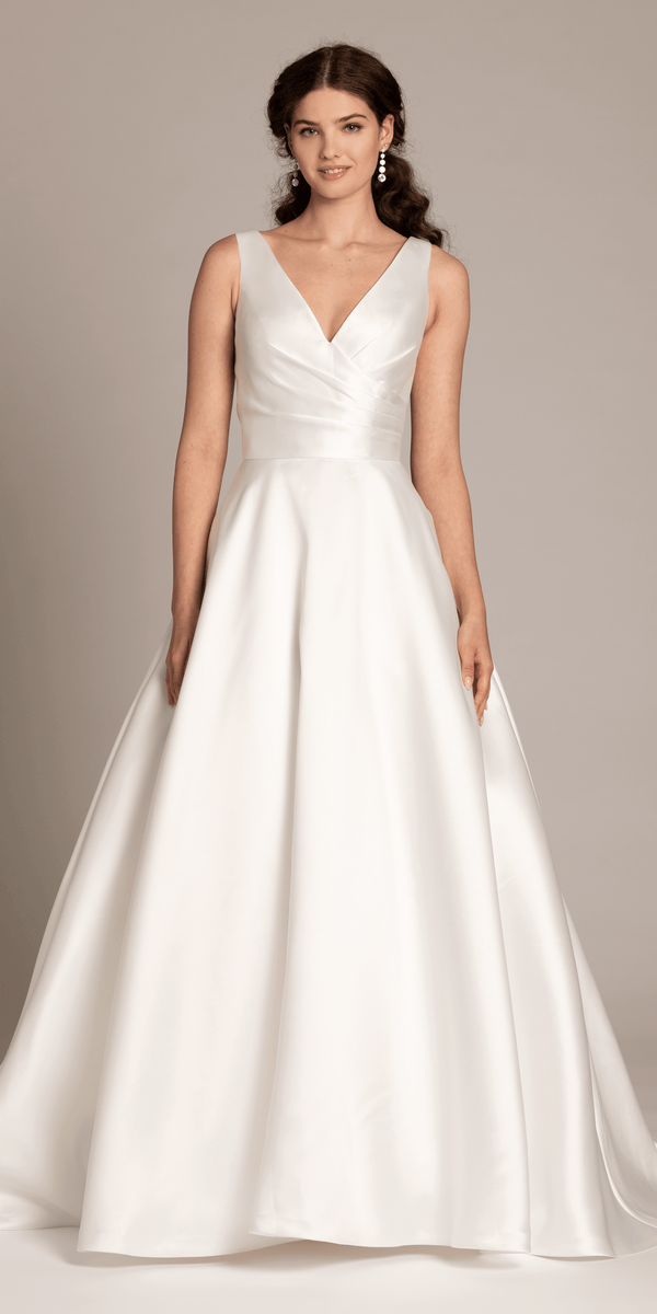 Deep V Neck Mikado A Line Dress with Pockets Camille La Vie Deep V Neck Mikado A Line Dress with Pockets Camille La Vie