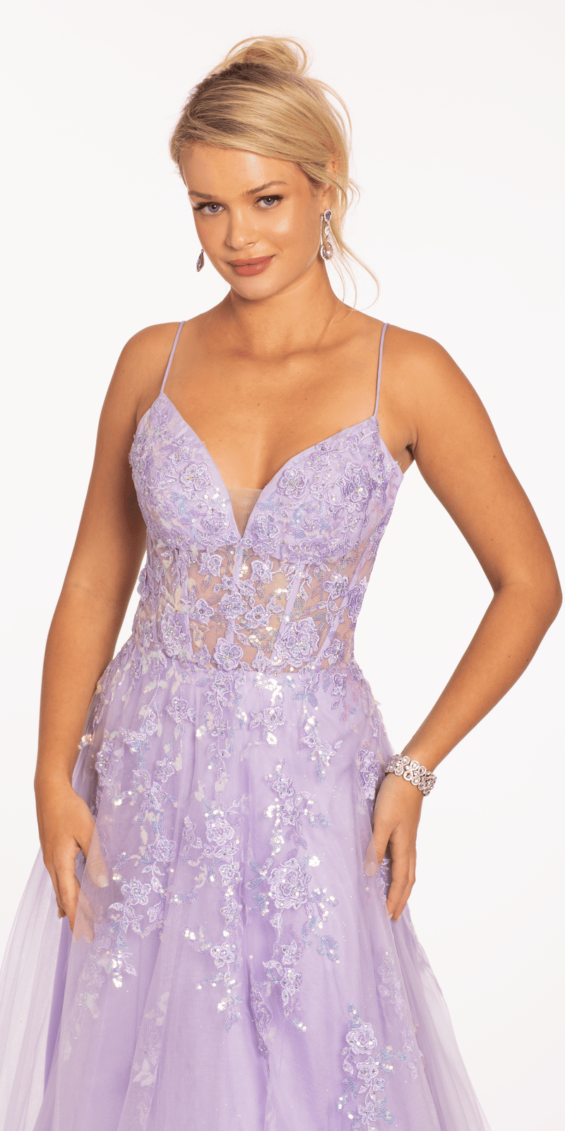 Sweetheart Plunging Mesh Corset Ballgown with Embellished Appliques Image 3