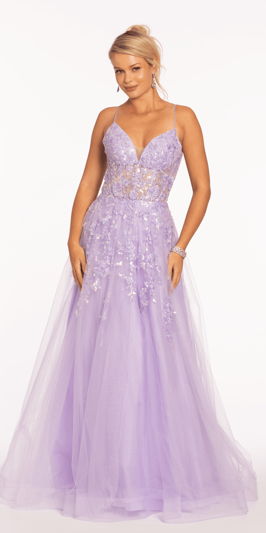 Sweetheart Plunging Mesh Corset Ballgown with Embellished