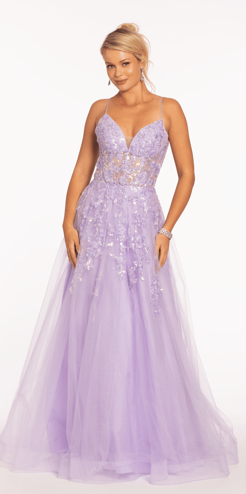 Sweetheart Plunging Mesh Corset Ballgown with Embellished Appliques Image 1