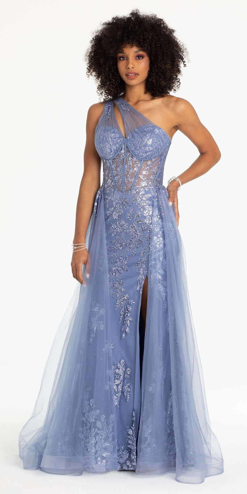 One Shoulder Floral Glitter Column Dress with Hostess Skirt missy / 2 / dusty-blue