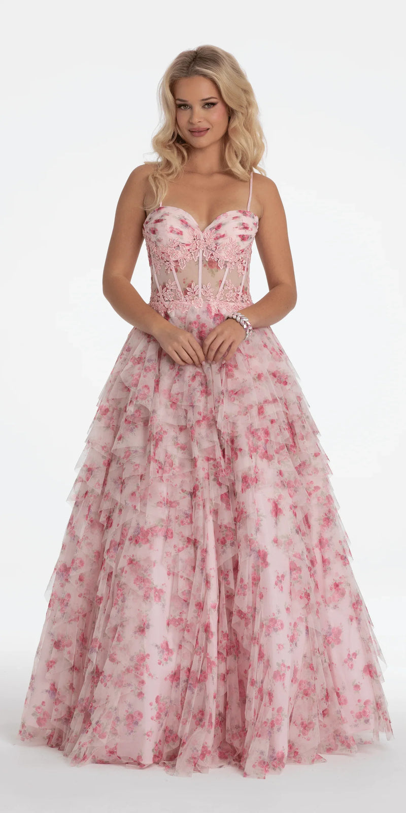 Sweetheart Floral Embellished Corset Corkscrew Ballgown missy / 00 / pink-multi