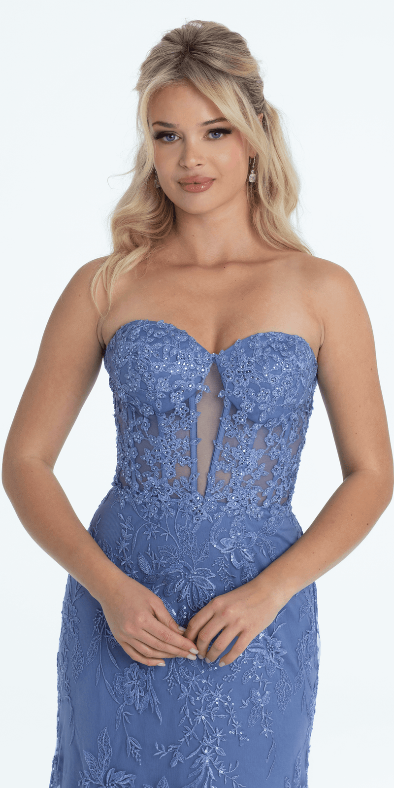 Strapless Plunge Embroidered Tulle Mermaid Dress Image 3