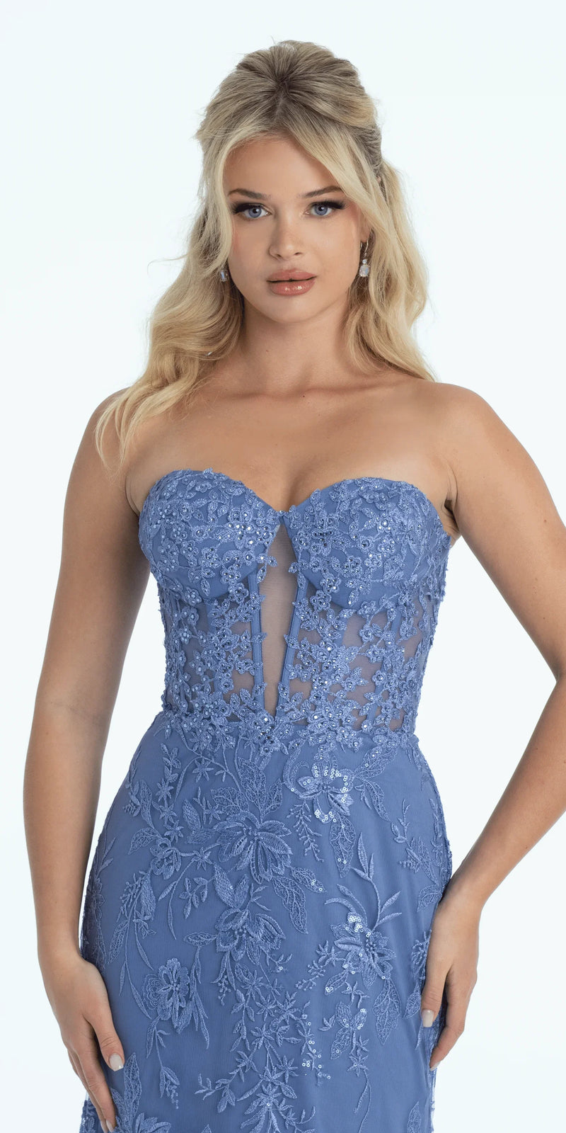 periwinkle/size/4/missy/Camille La Vie/Strapless Plunge Embroidered Tulle Mermaid Dress/close up
