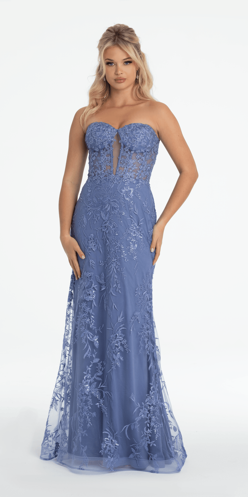 Strapless Plunge Embroidered Tulle Mermaid Dress Image 1