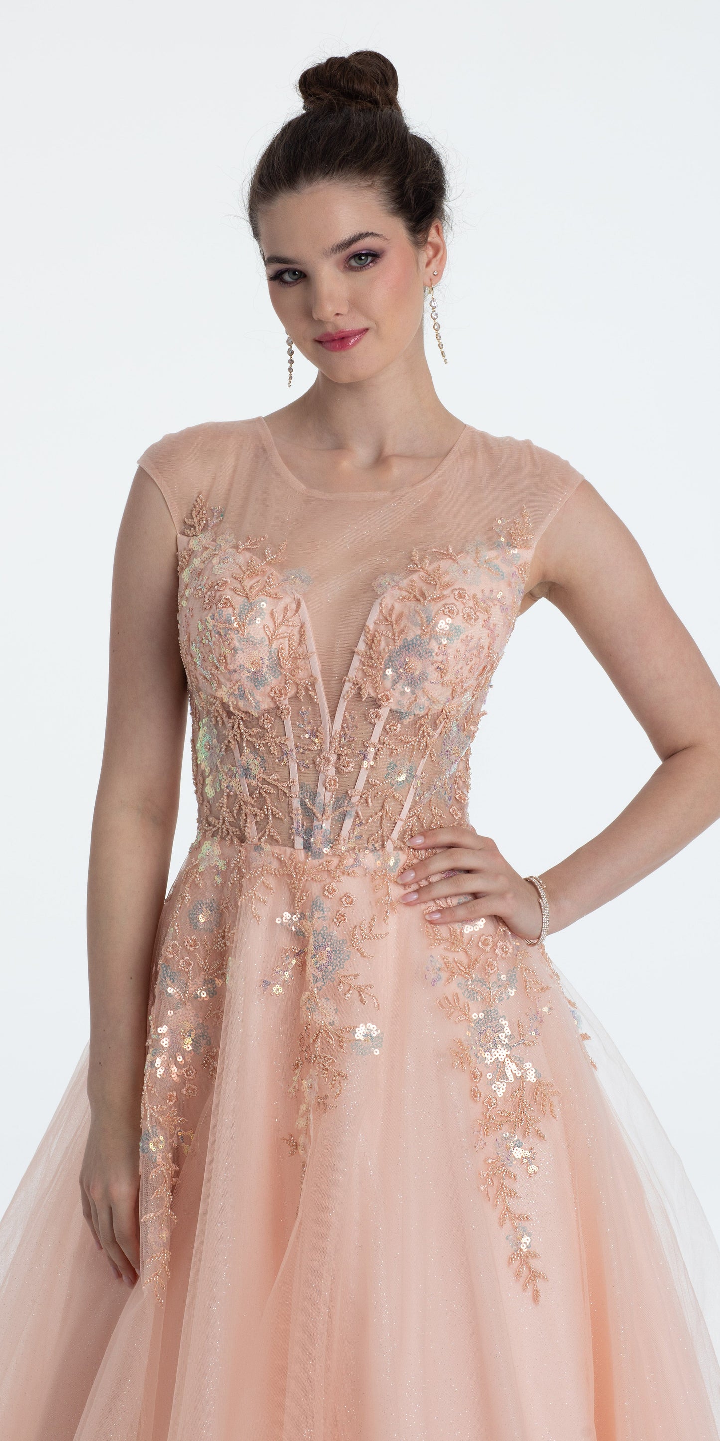 Camille La Vie Sequin Embroidered Illusion Cap Sleeve Corset Ballgown