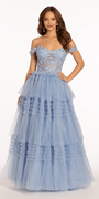 Off the Shoulder Mesh Applique Tiered Ballgown Image 3