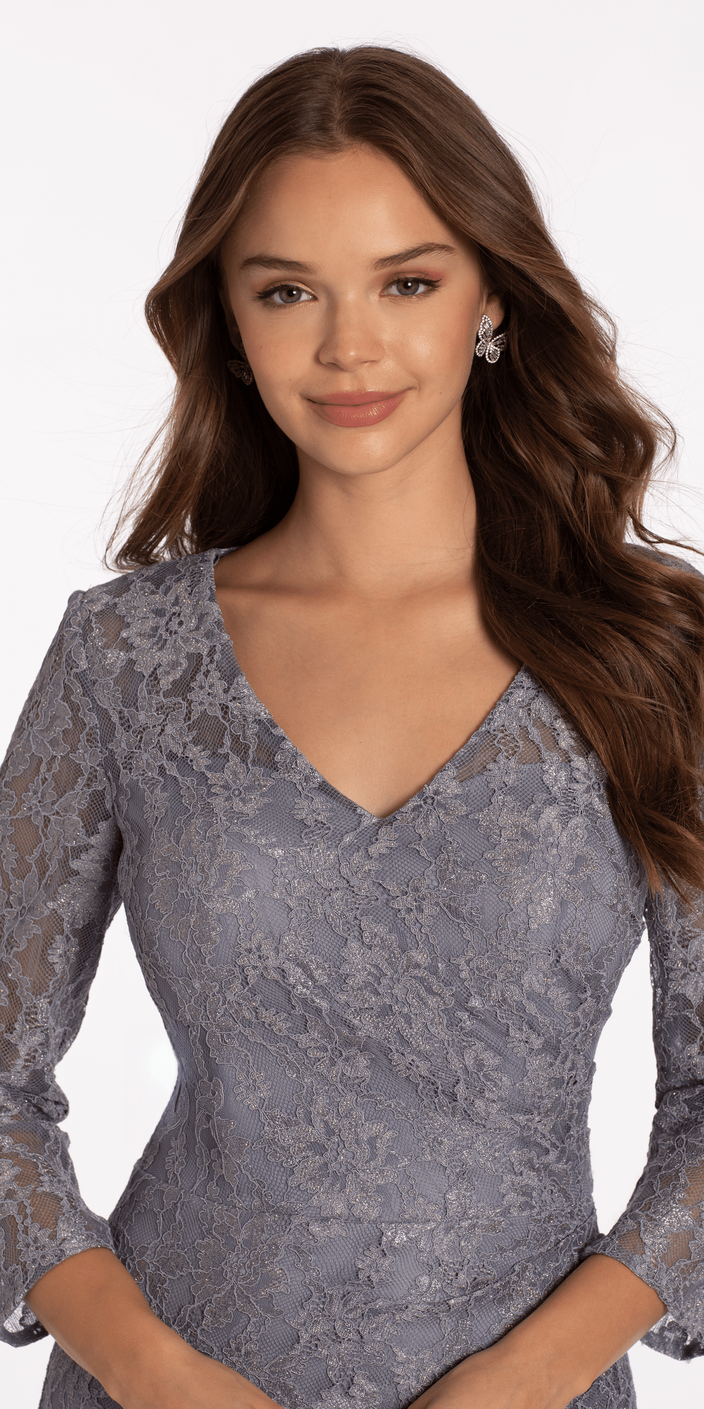 Camille La Vie Lace V Neck 3/4Sleeve Column Dress with Ruching