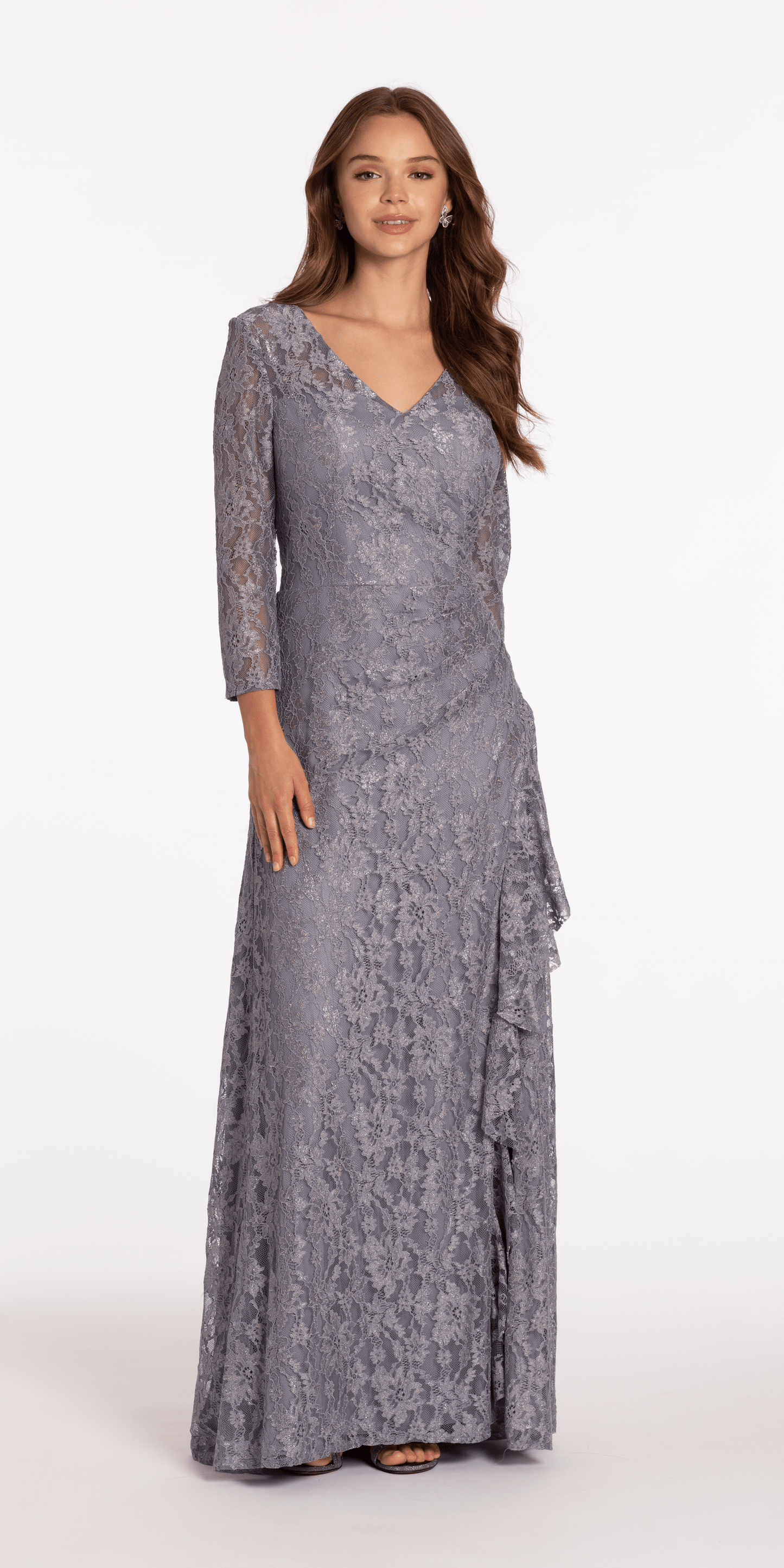 Camille La Vie Lace V Neck 3/4Sleeve Column Dress with Ruching