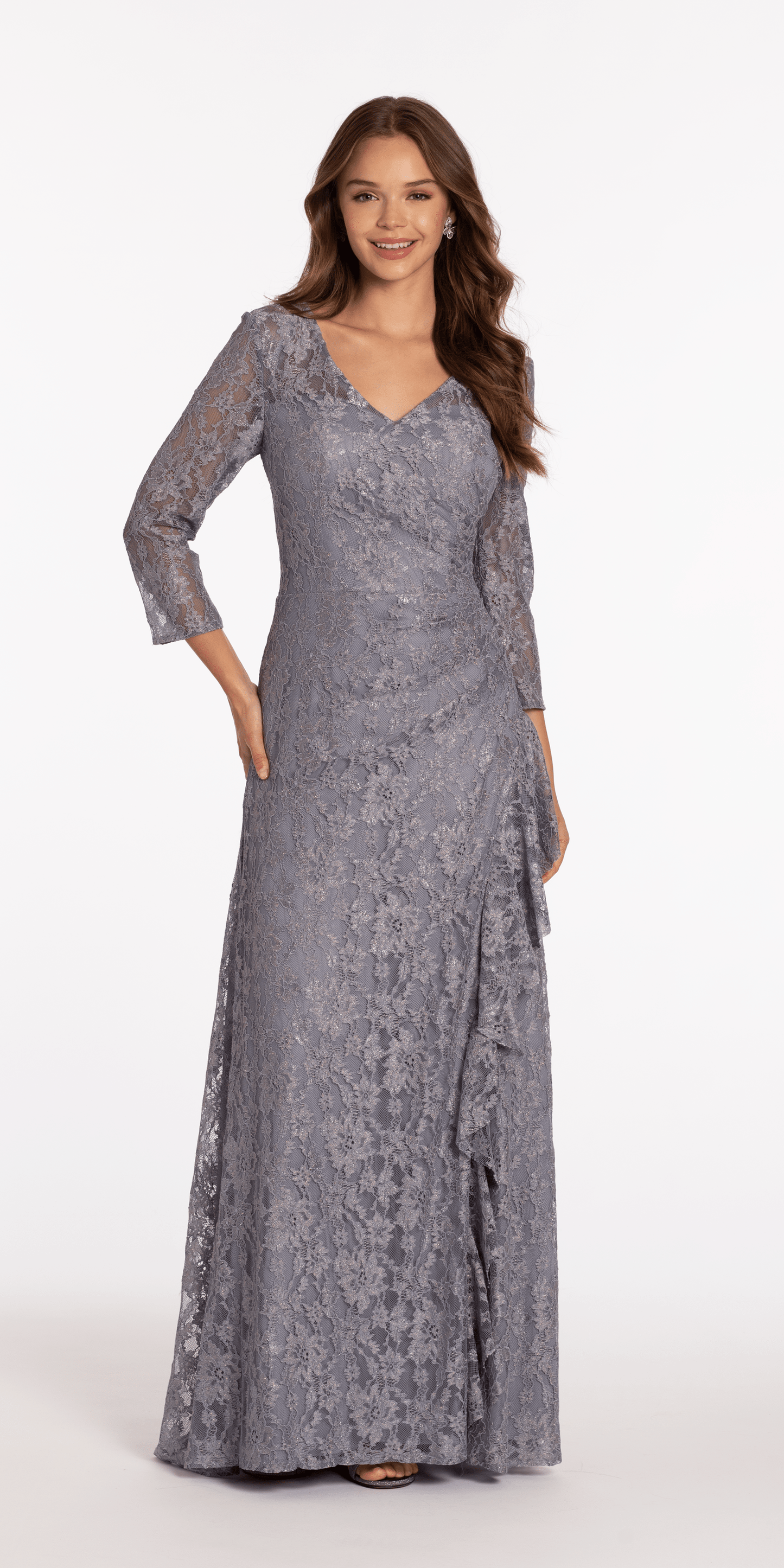 Camille La Vie Lace V Neck 3/4Sleeve Column Dress with Ruching missy / 6 / slate-blue