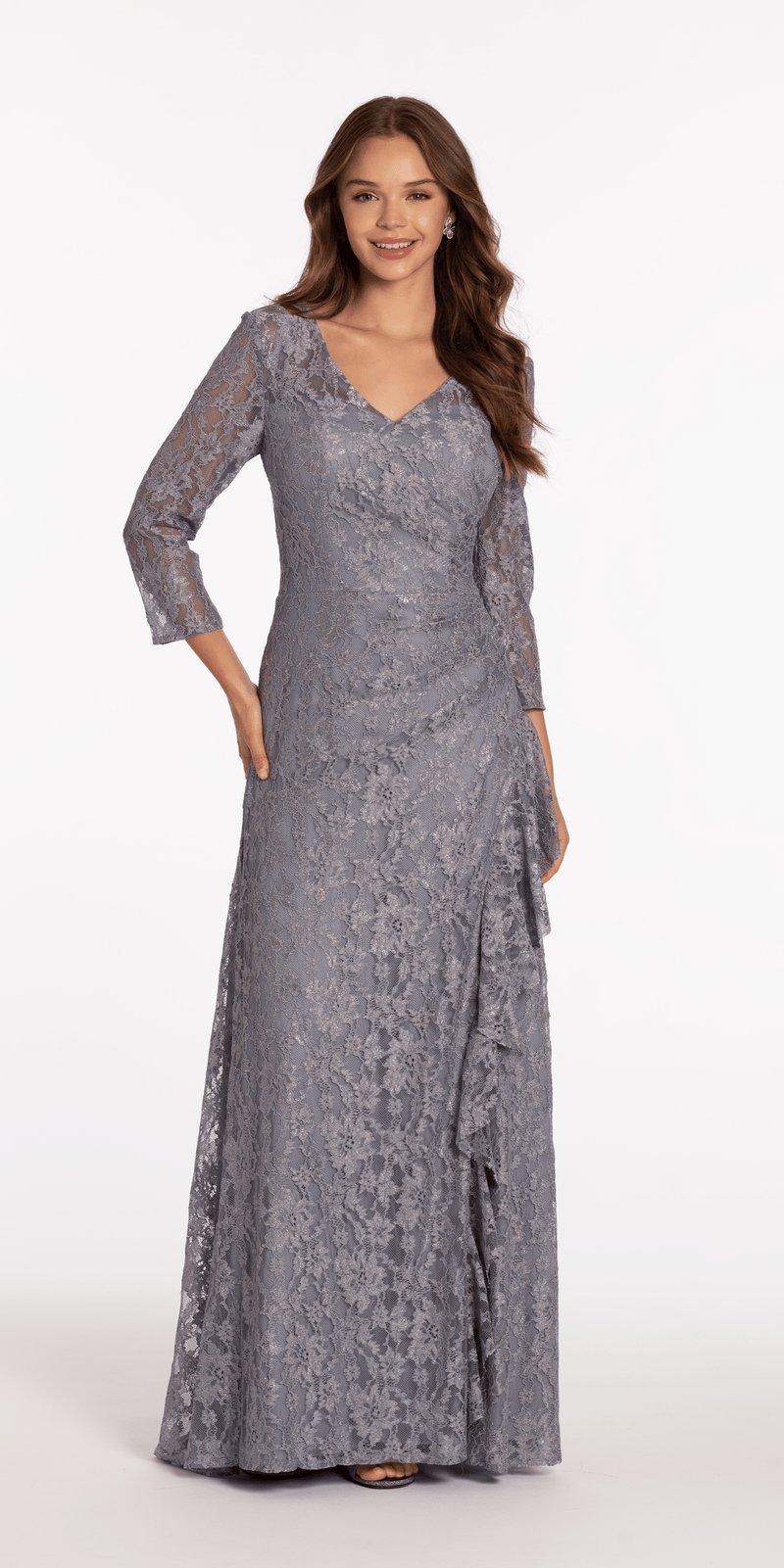 Lace V Neck 3/4Sleeve Column Dress with Ruching Image 4