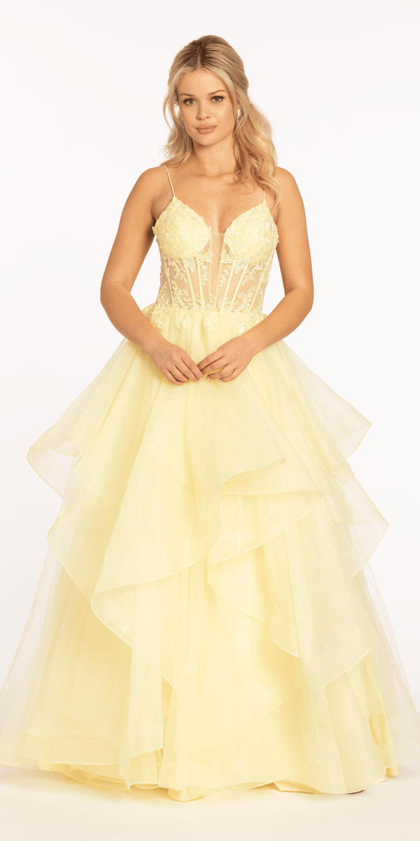 Embellished Plunge Corset Mesh Tiered Ballgown with Horsehair Hem Image 1