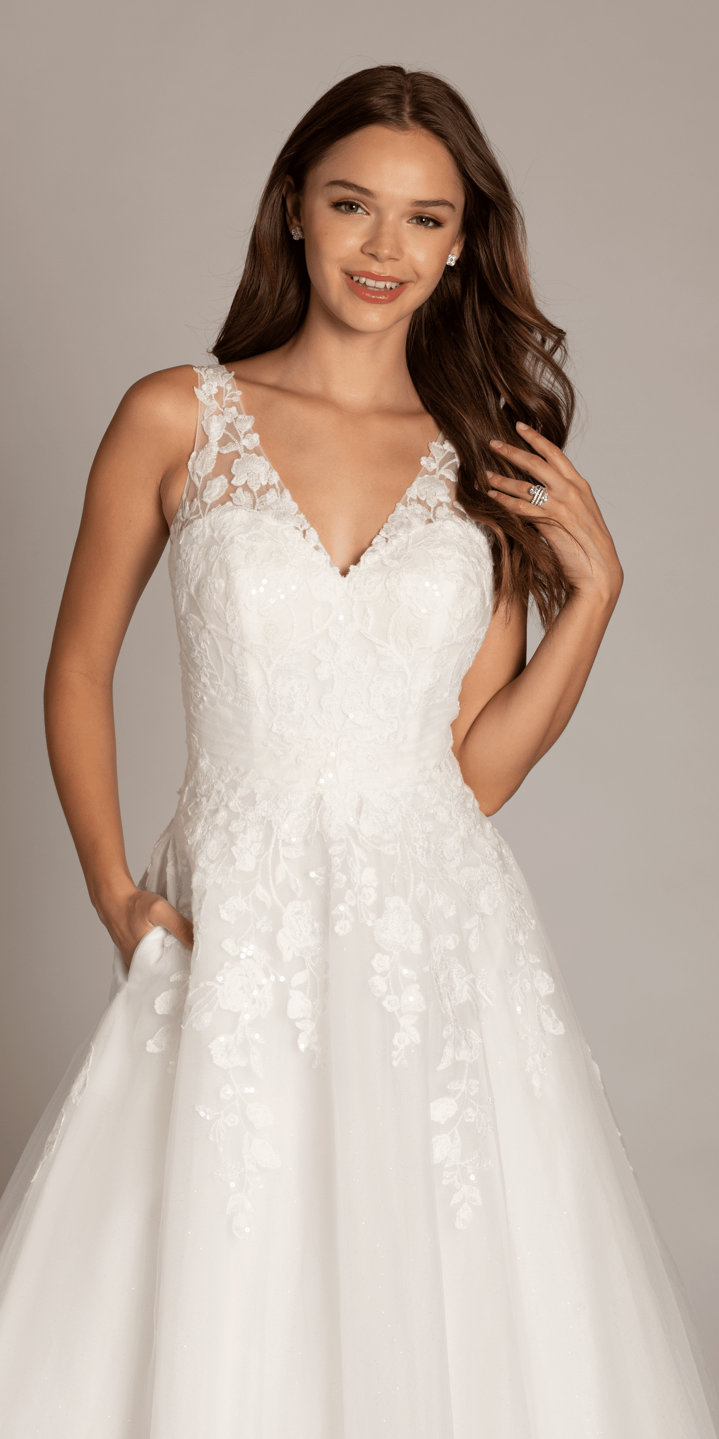 ivory/size/4/missy/Camille La Vie/Tulle V Neck Ballgown with Floral Applique Hemline and Pockets /close up