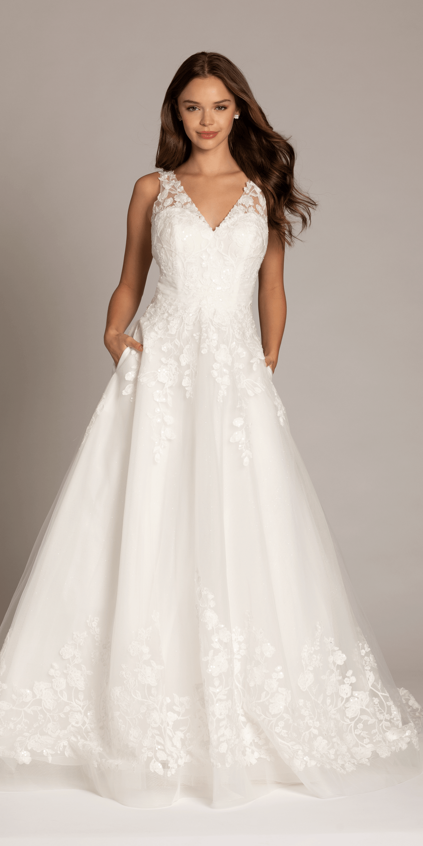ivory/size/4/missy/Camille La Vie/Tulle V Neck Ballgown with Floral Applique Hemline and Pockets /front alt