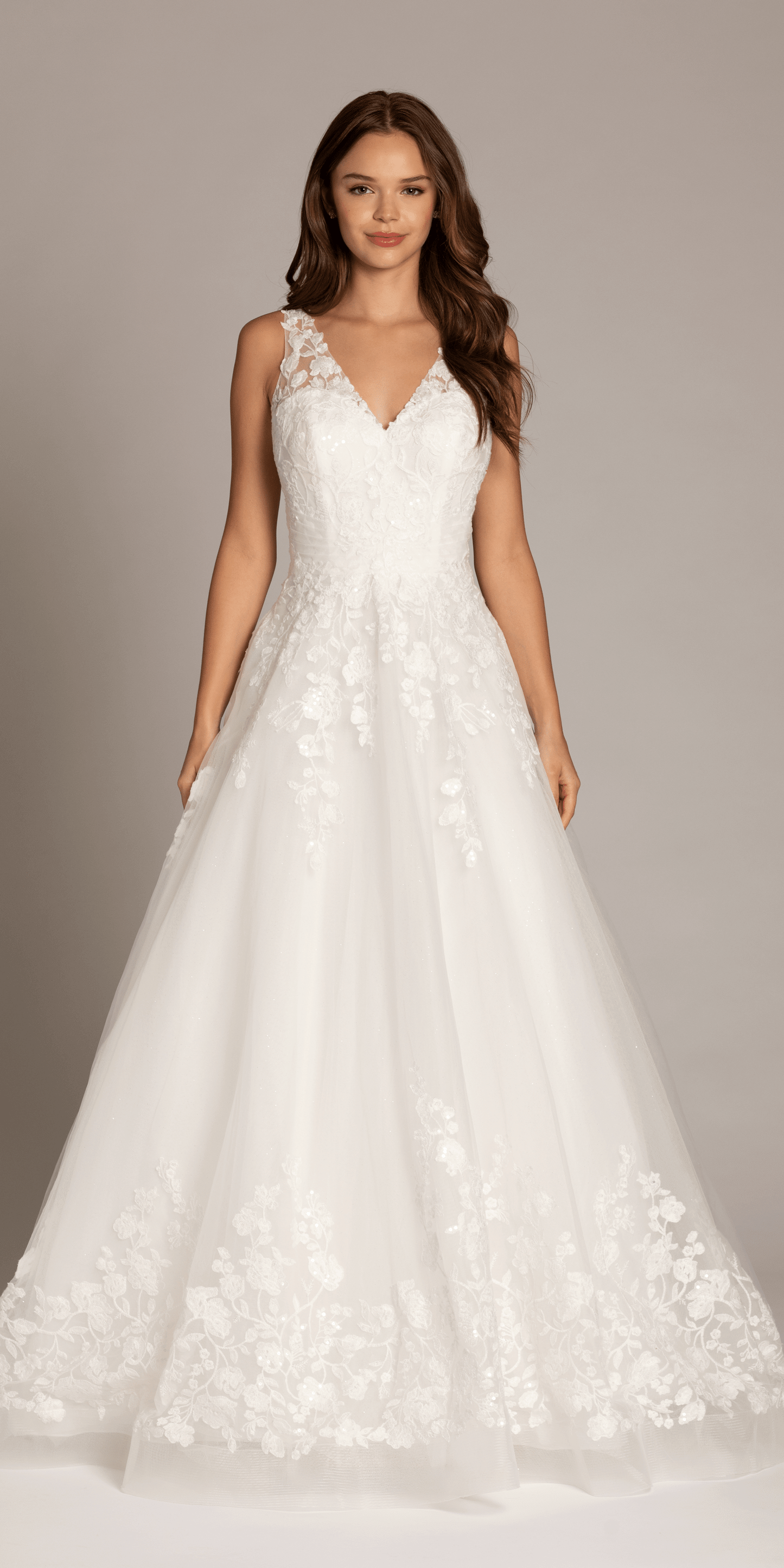 ivory/size/4/missy/Camille La Vie/Tulle V Neck Ballgown with Floral Applique Hemline and Pockets /front