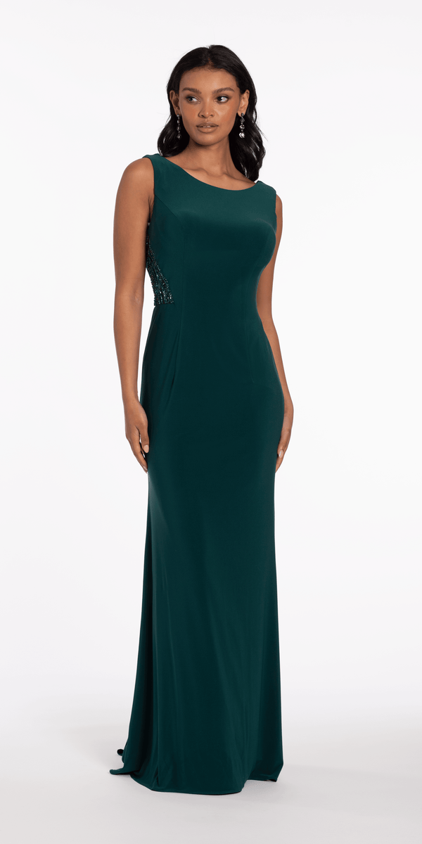 hunter-green/size/4/missy/Camille La Vie/Jersey Drape Back Column Dress with Beaded Side Panels/front alt
