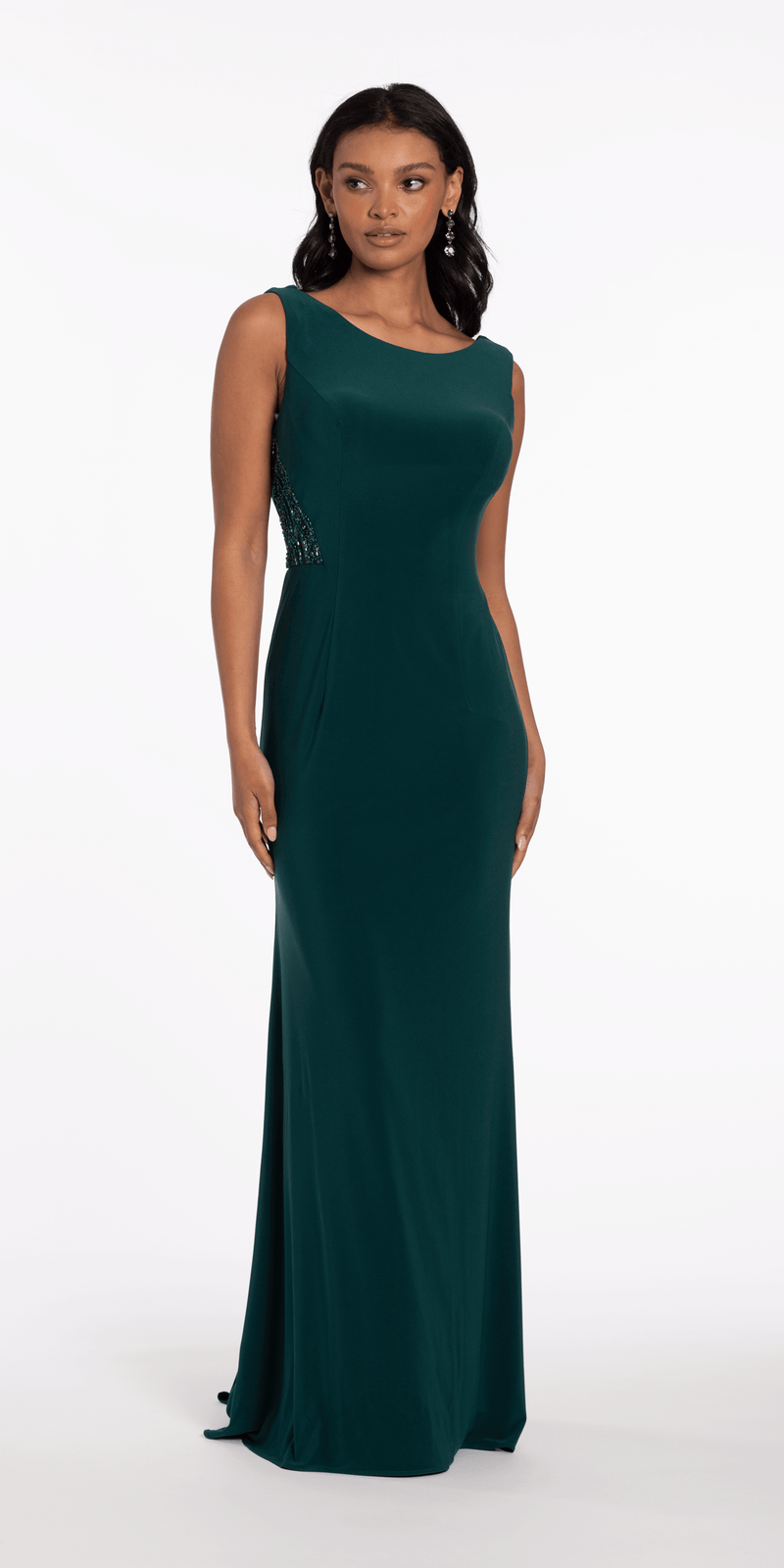 Jersey Drape Back Column Dress with Beaded Side Panels Image 1