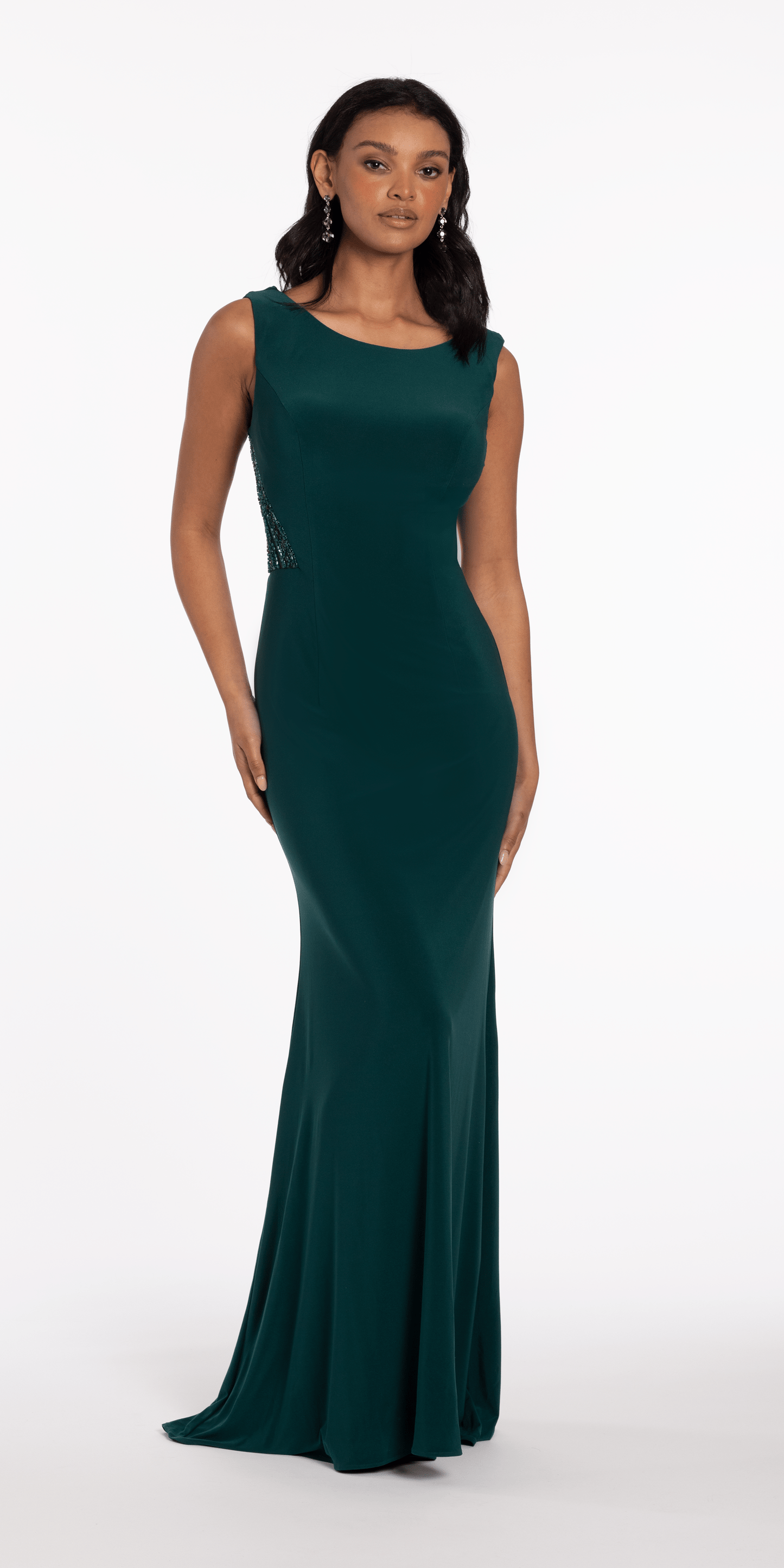 Jersey Drape Back Column Dress with Beaded Side Panels Camille La Vie Jersey Drape Back Column Dress with Beaded Side Panels Camille La Vie