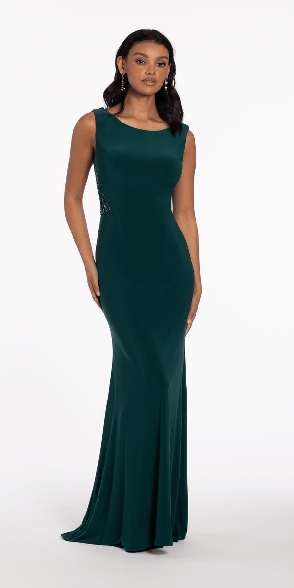 hunter-green/size/4/missy/Camille La Vie/Jersey Drape Back Column Dress with Beaded Side Panels/front alt 3
