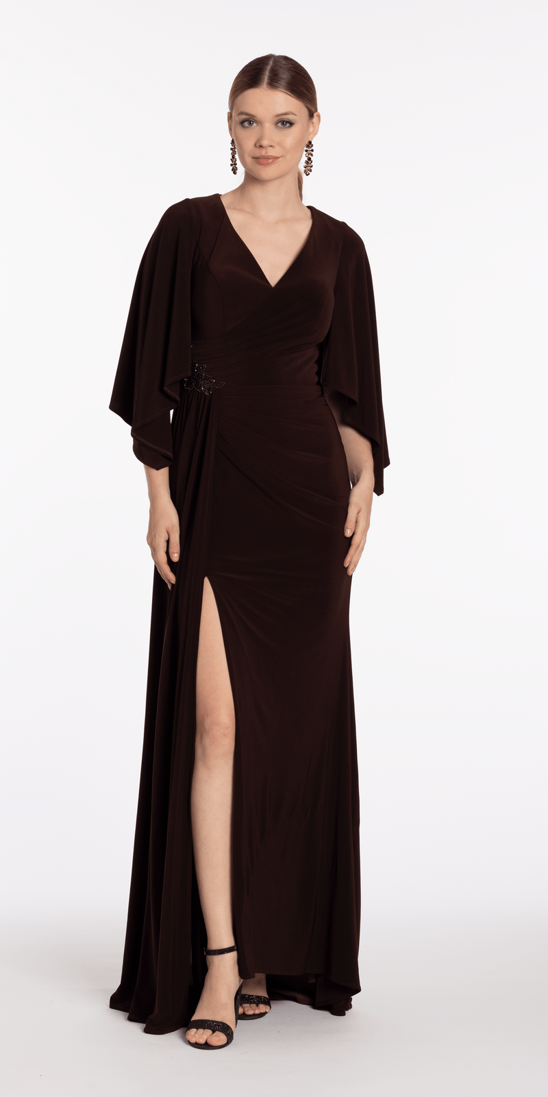 Jersey Cape Sleeve V Neck Faux Wrap Dress missy / 14 / chocolate Jersey Cape Sleeve V Neck Faux Wrap Dress missy / 14 / chocolate