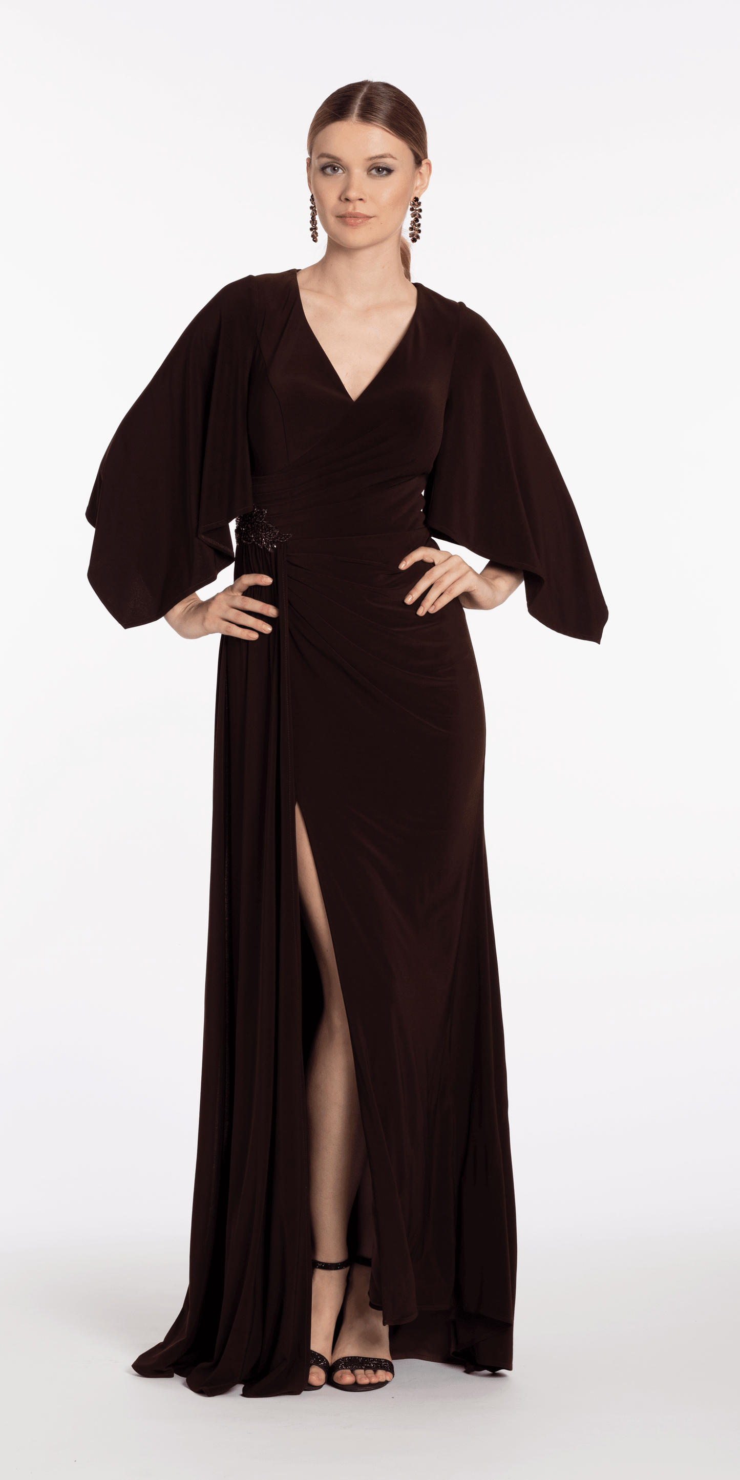Jersey Cape Sleeve V Neck Faux Wrap Dress missy / 14 / chocolate Jersey Cape Sleeve V Neck Faux Wrap Dress missy / 14 / chocolate