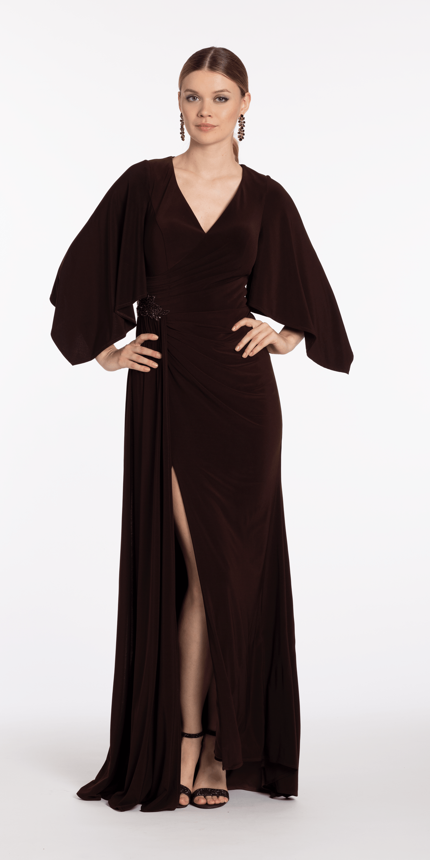 Camille La Vie /Jersey Cape Sleeve V Neck Faux Wrap Dress /missy /size/ 8 / chocolate/front alt