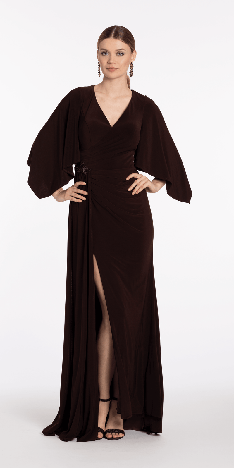 Jersey Cape Sleeve V Neck Faux Wrap Dress missy / 14 / chocolate Jersey Cape Sleeve V Neck Faux Wrap Dress missy / 14 / chocolate