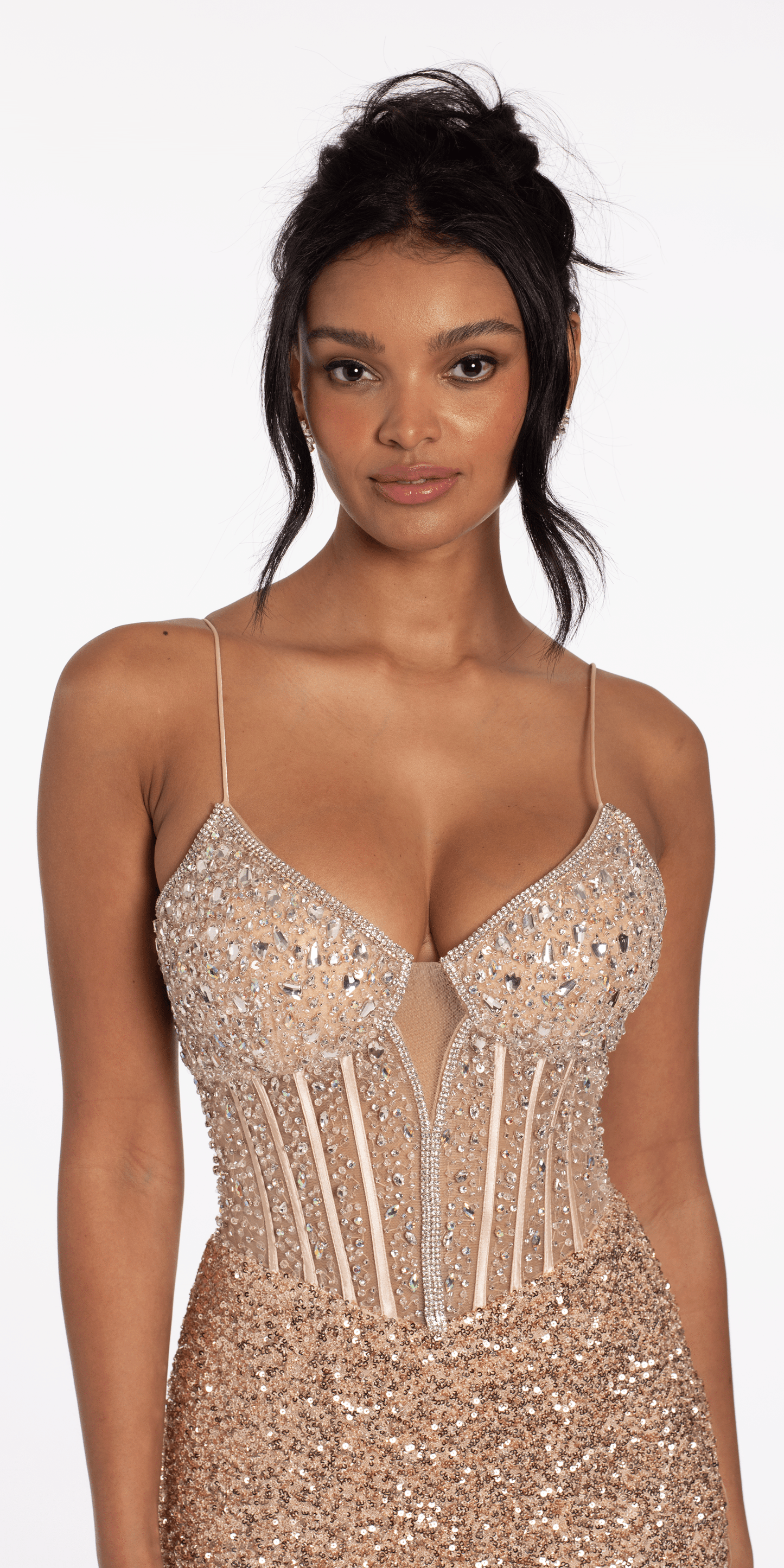 Camille La Vie/ Stretch Sequin and Crystal Sweetheart Corset Column Dress/ missy /size/ 0/ champagne/close up alt