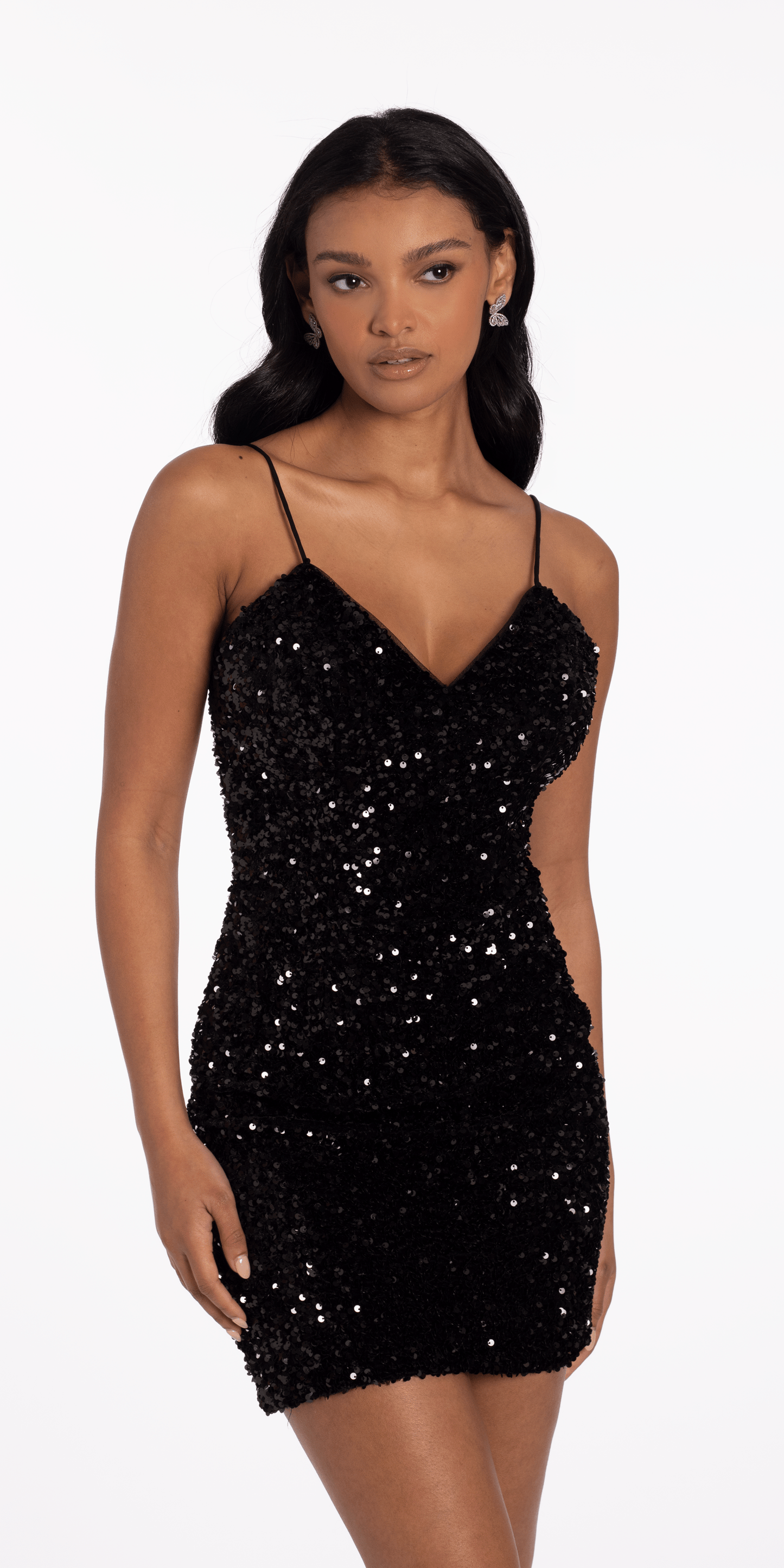 Camille La Vie/ Velvet Sequin Lace Up Back Bodycon Dress /missy / 00 / black/front