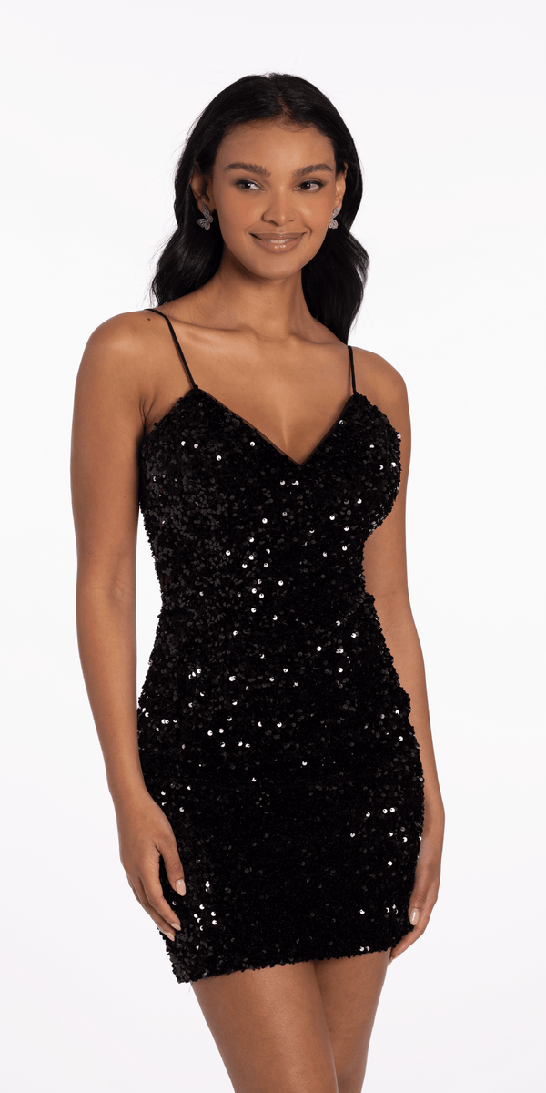 Velvet Sequin Lace Up Back Bodycon Dress missy / 8 / Black